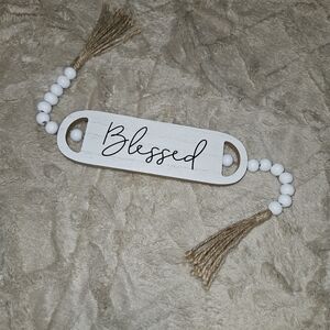 Rustic 'Blessed' Wall Hanging with White Beads
